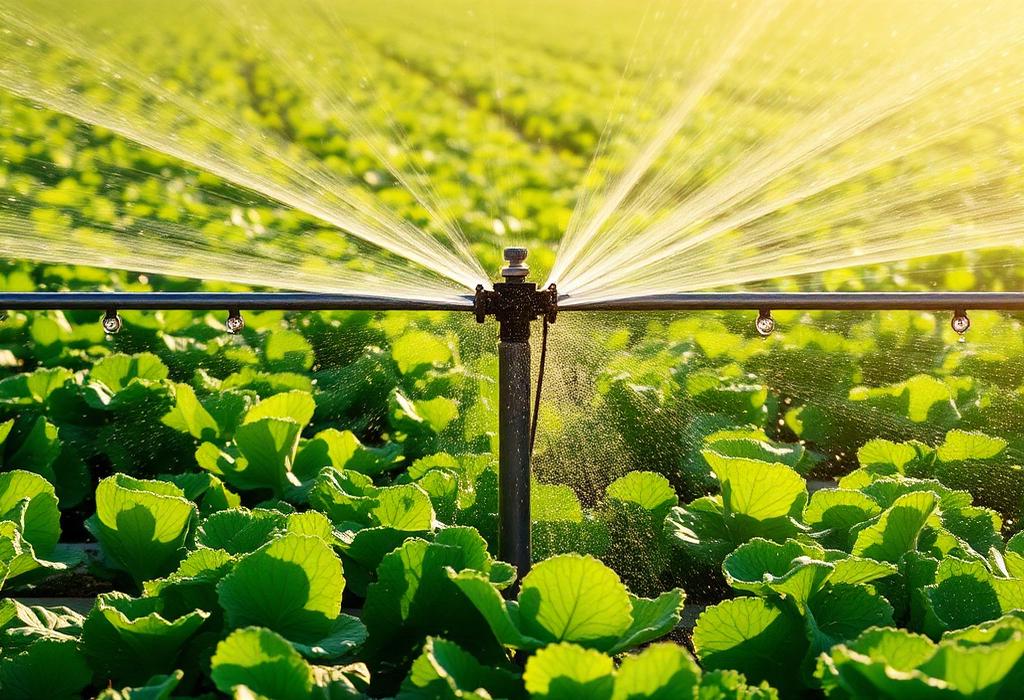 Sprinkler irrigation watering a vegetable field