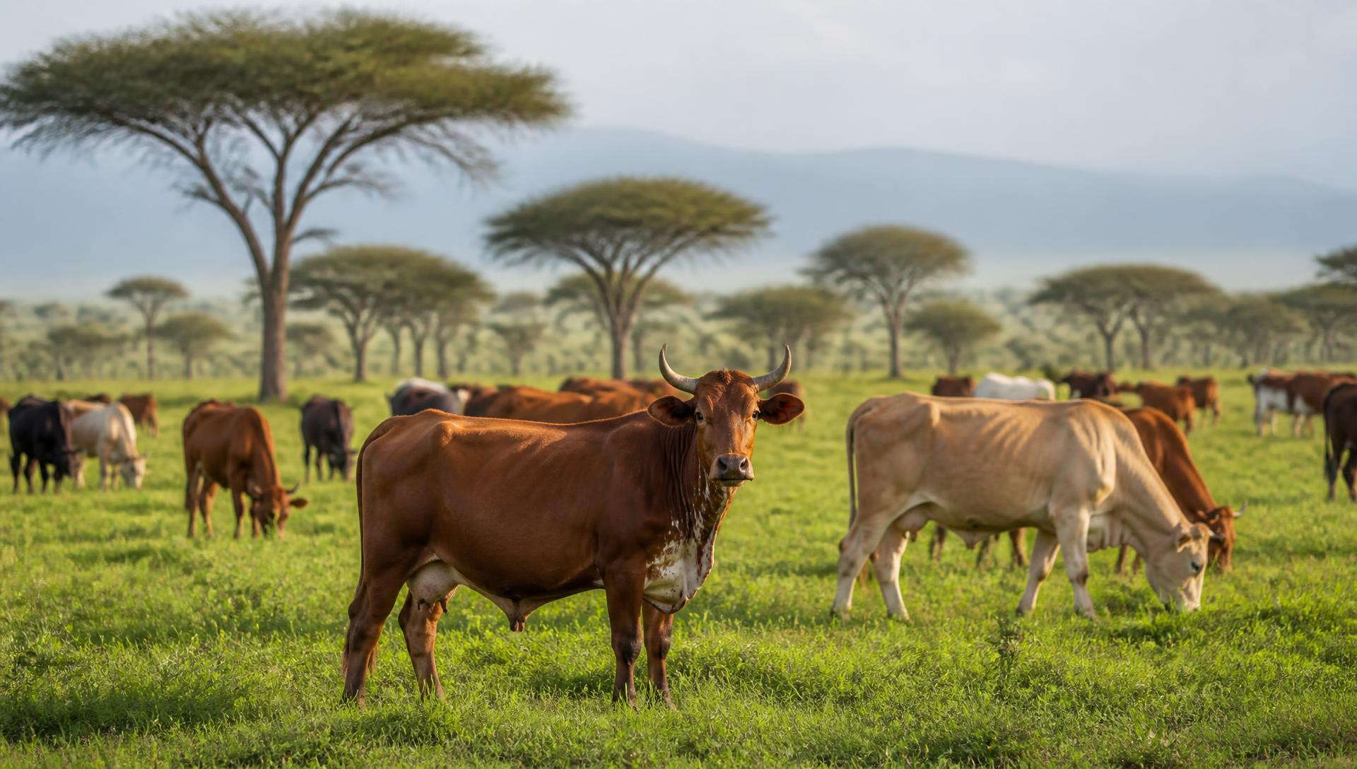 Cattle grazing on green pasture in Tanzania
